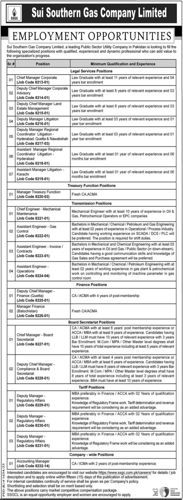 SSGC Jobs 2023 Online Apply – Sui Southern Gas Company
