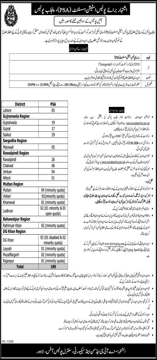 Punjab Police Jobs 2024 for Police Station Assistant(189+ Seats) 